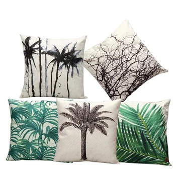 

Luxury Ink Painting Style Plant Pillow Set Branches Coconut Tree Green Leaves Decorative Pillow Apartment Sofa Bed Cushion Cover