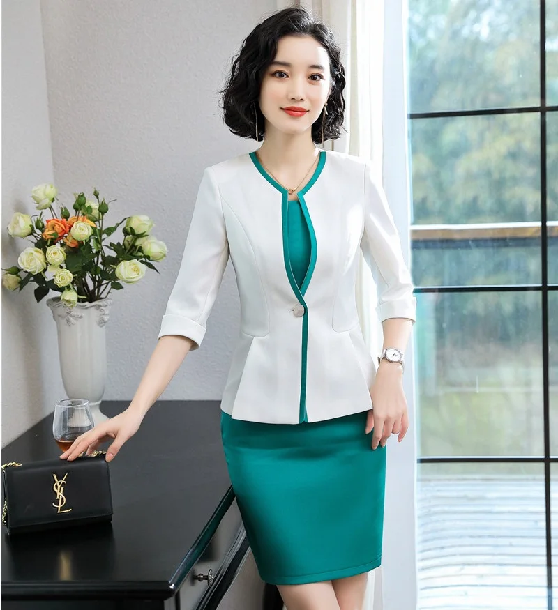 

New Fashion Styles 2019 Summer Half Sleeve Women Business Suits With Dress and Jackets Coat Office Ladies Blazers Elegant White