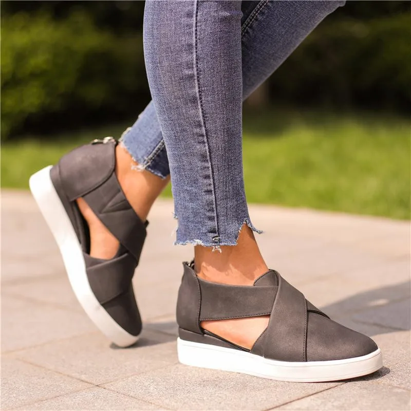 

Women Increased Wedges Vulcanized Shoes Autumn Cut Outs Zipper Female Suede Sneakers Ladies Fashion Footwear 2019