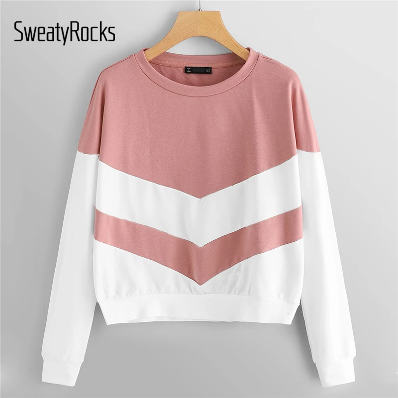 

SweatyRocks Pink Two Tone Colorblock Basic Pullover Sweatshirts Long Sleeve Preppy Women Tops 2018 Autumn Casual Sweatshirt
