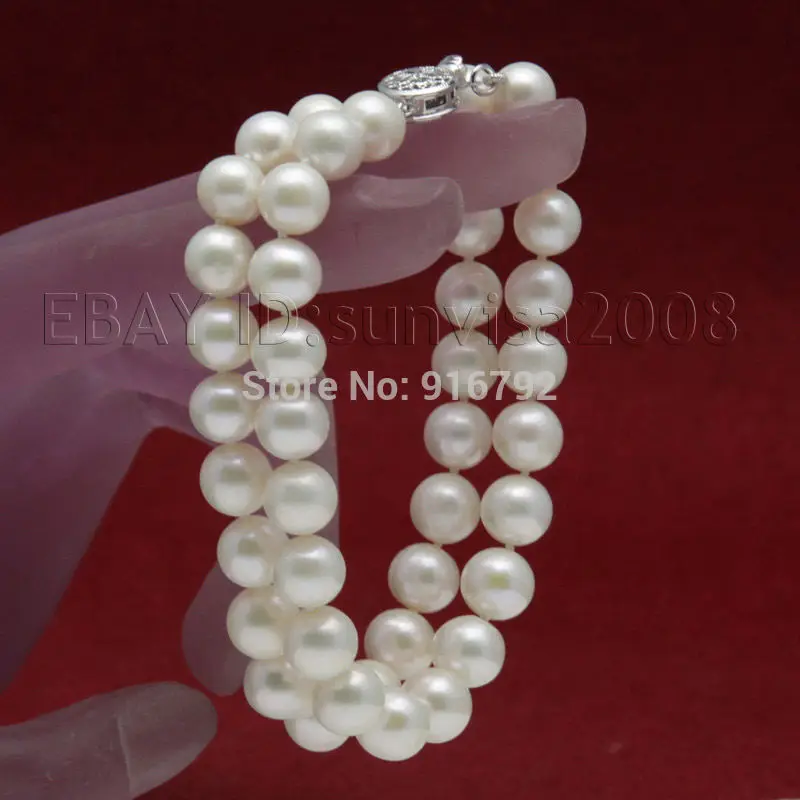 

free P&P >>AAA lovely 2 rows 9-10mm white fresh water akoya pearls bracelets 8