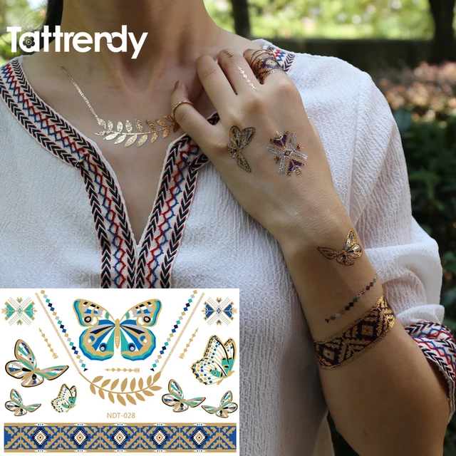 Tattoo Colored Blue Gold Foil Silver Metal Waterproof Jewelry Necklace Choker Butterfly Design Flash Temporary Tattoos N28 Tattoo Colored Blue Gold Foil Silver Metal Waterproof Jewelry Necklace Choker Butterfly Design Flash Temporary Tattoos N28