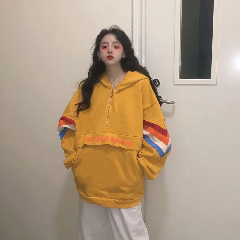 Оранжевый Ulzzang Harajuku корейский стиль свободные с длинным рукавом толстовки, свитшоты, куртки с милым; популярная модная обувь для студентов; пара Топы - Цвет: Оранжевый