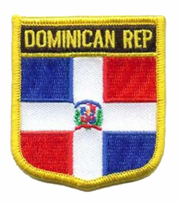 Вышитые Доминиканская нашивка с символикой страны, сделанные из саржи с вышивка контуров оверлоком и основа из ПВХ 100 шт./пакет пользовательские MOQ50pcs