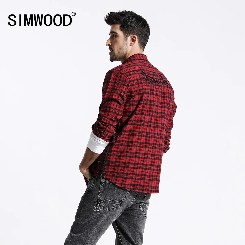 Prix SIMWOOD 2019 printemps Nouveau Rouge Chemises À Carreaux Hommes Western Double Poches Glissière Latérale Retour Broderie De Mode 100% Coton Chemise 180392