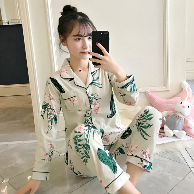 

QWEEK 2019 Print Cotton Pajama Nightwear Two Piece Autumn Pyjama Long Sleeve Home Clothes Women Cardigan Sleepwear Pajamas