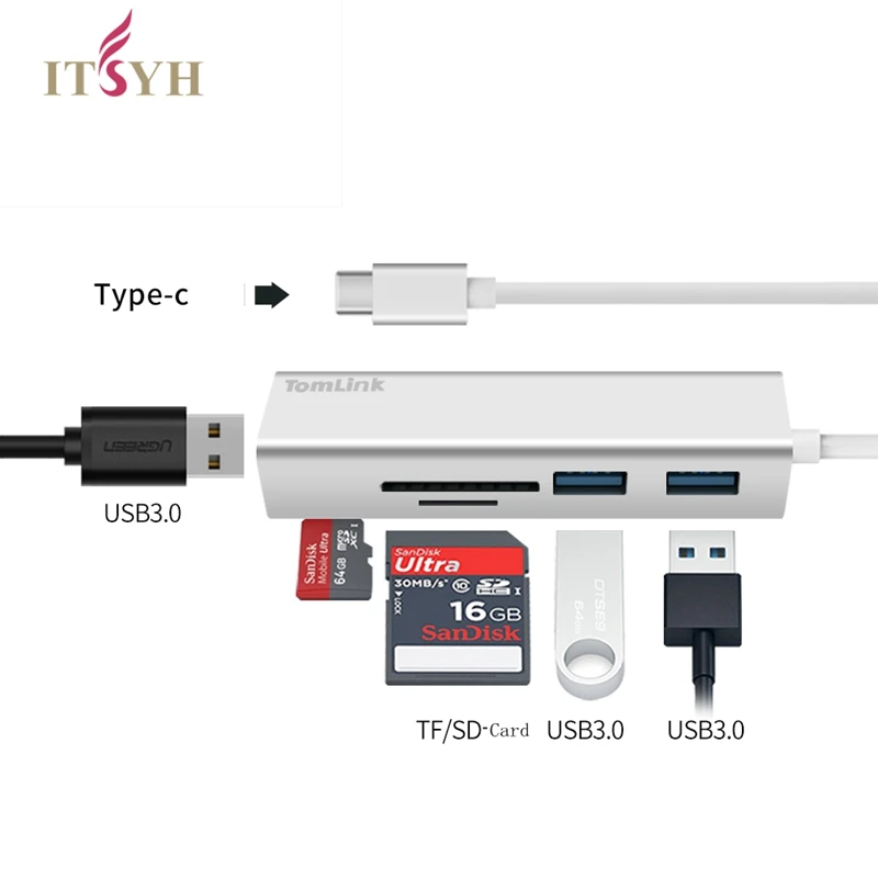 ITSYH USB-C toCARD READER+3x USB 3.0 HUB Multi-Fuctio ADAPTER- Adapter for MacBook WinXP/7/8/Vista C to SD/TF Card Reader |