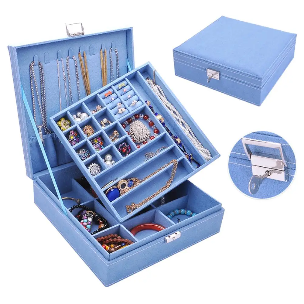 

High Quality Two Layers Lint Wooden Jewelry Box Organizer Display Storage Case with Lock