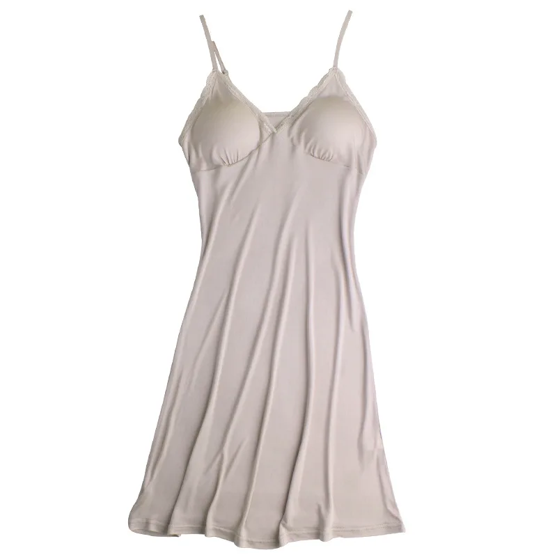 Hoffen Womens Full Silk Slips with Bra Sexy V-neck Fitness Silk Petticoat 100% Silk Slips Dress Female Lingerie WS127