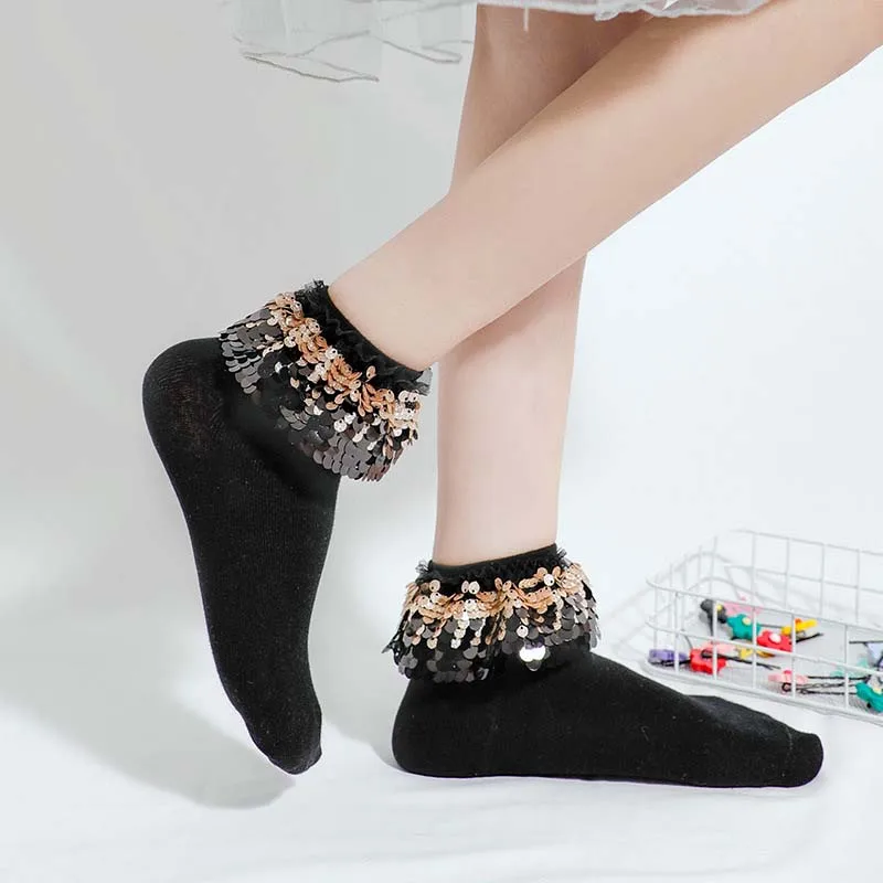 [COSPLACOOL] яркие блестящие носки принцессы ручной работы, носки с пайетками для женщин, студенческий стиль, сексуальный дизайн, Harajuku, короткие кружевные носки