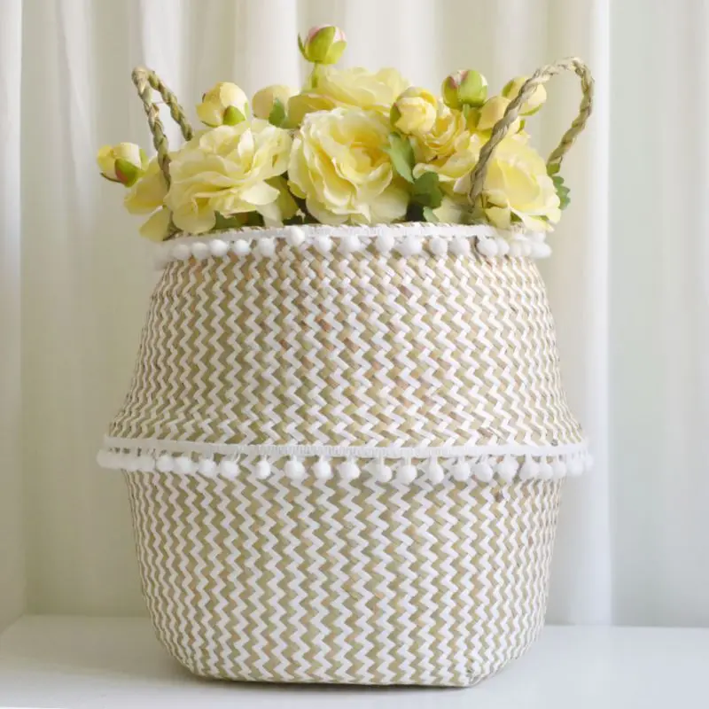 

Foldable Handmade Folding Wicker Grass Weaving White Pattern with Small Storage Basket for Storing Cosmetics, Dirty Clothes