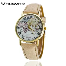 Vansvar Fashion World Map Reloj de Las Mujeres Correa de Cuero Reloj de Pulsera Vestido de Las Mujeres Relojes Señoras Reloj de Cuarzo Relogio Feminino 1548