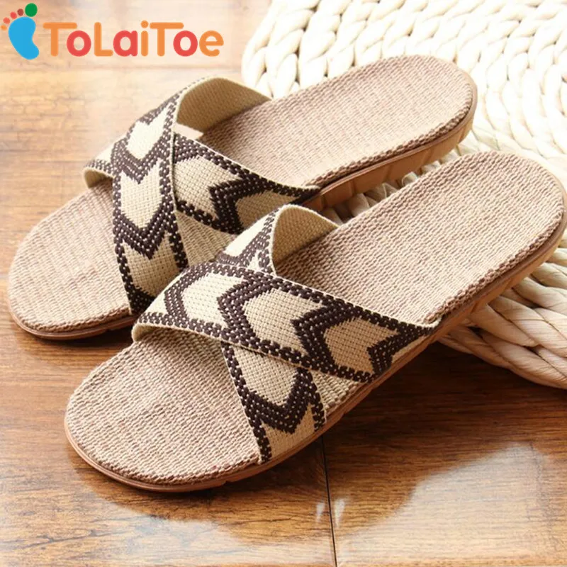 

ToLaiToe Best Price National New Linen Home Slipper Men Summer Cool Breathable Silent Sweat Slippers EVA Non-slip Floor Shoes