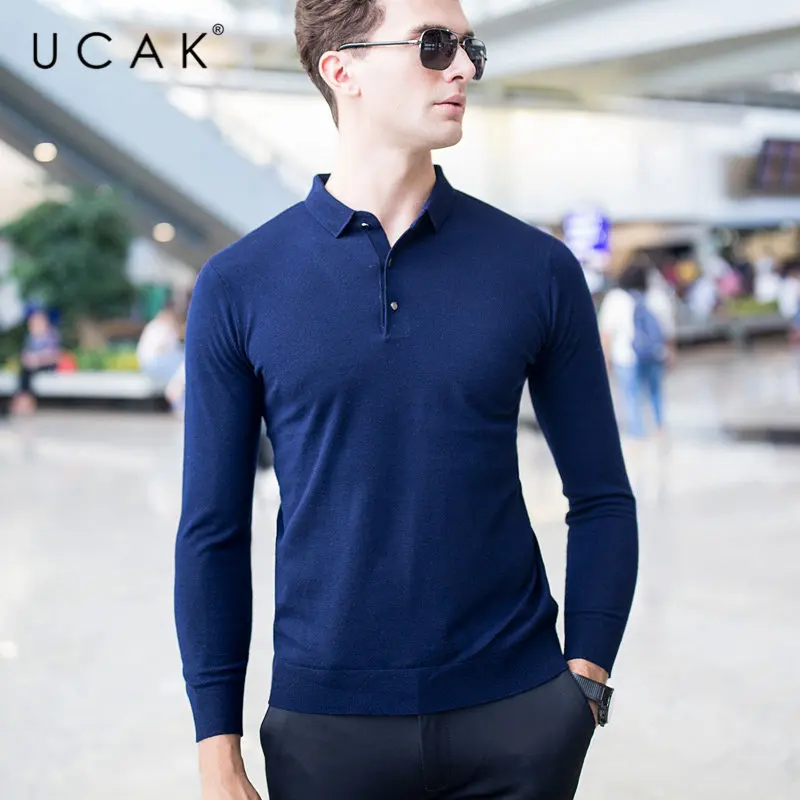 UCAK Brand Sweater Men Pure Merino Wool Pullover Men Autumn Winter Cashmere Sweaters Plus Size Turn-down Collar Pull Homme U3010
