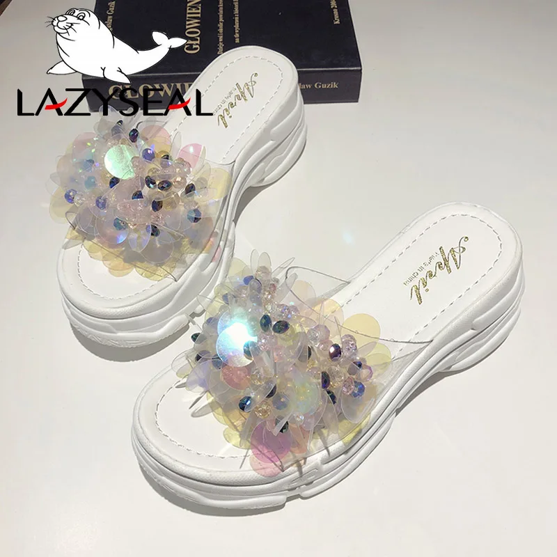 LazySeal Transparent Bling Platform Slippers Women New Summer Shoes With Crystal Diamonds Wedge Ladies Flip Flops Woman Slides - Color: White