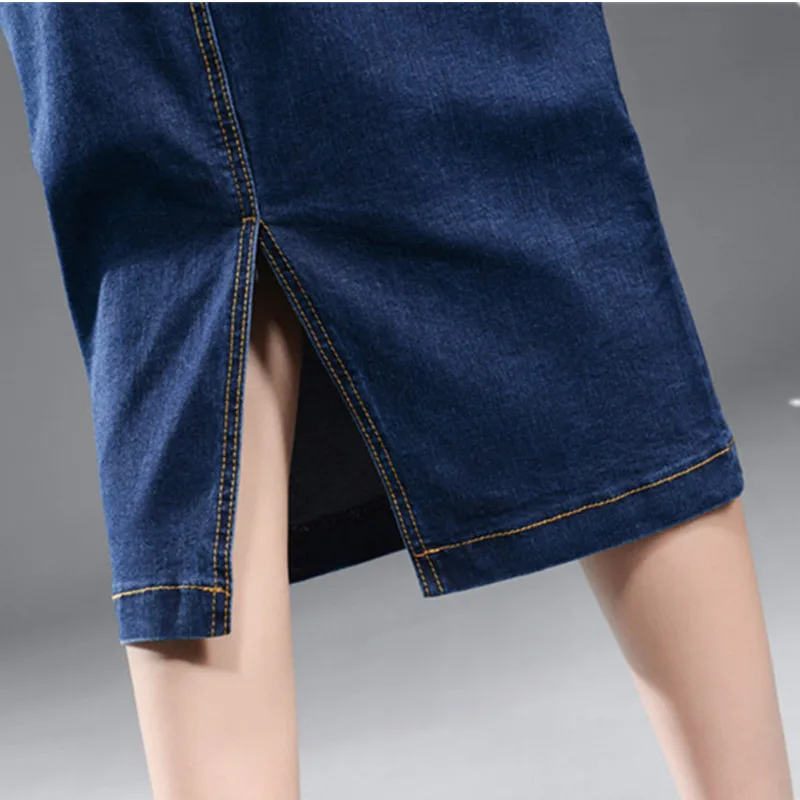 Новинка г. джинсовая юбка для женщин; большие размеры повседневное Высокая талия деним юбка-карандаш лоскутное стрейч тонкий хип Жан