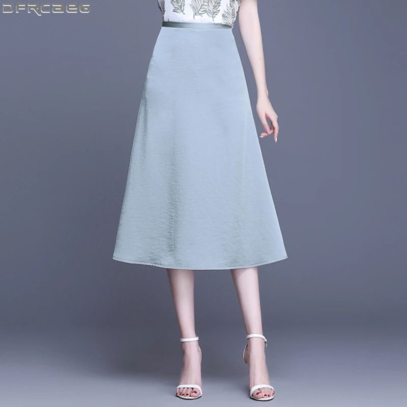 

2019 Autumn Elegant High Waist Skirt Women Solid Vintage Jupe Longue Femme Bodycon A line Saia Satin Skirt Blue Black Falda Midi