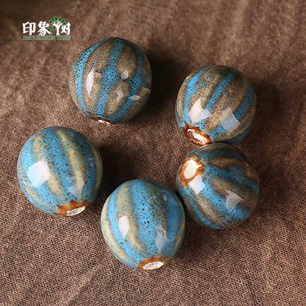

18mm Round Blue Pumpkin Shape Ceramic Bead Handmade Freehand Drawing Porcelain Charm Loose Beaded DIY Jewelry Making Findings 8