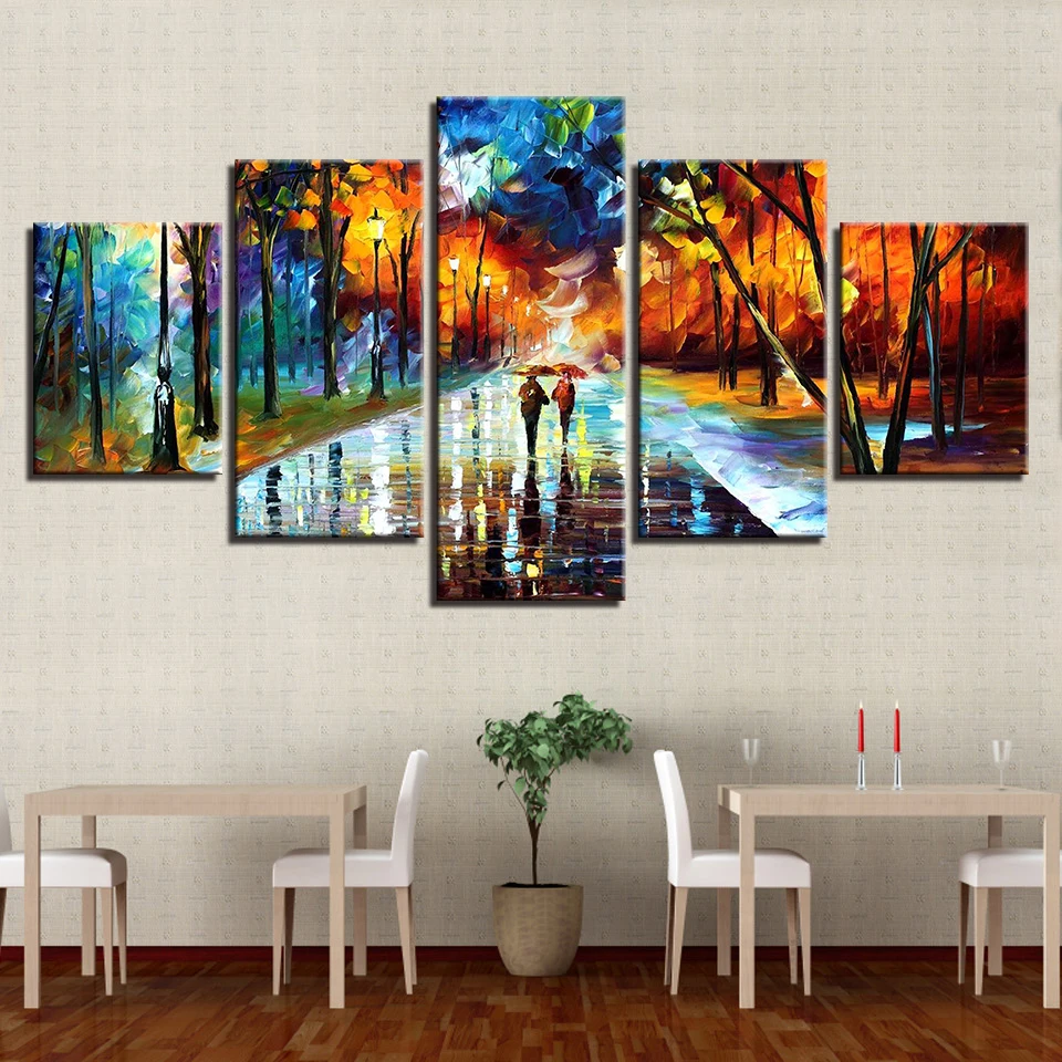 

Canvas Painting Wall Art Prints Framework Home Decor 5 Pieces Abstract Color Tree Pictures Walking In The Rain Nightscape Poster