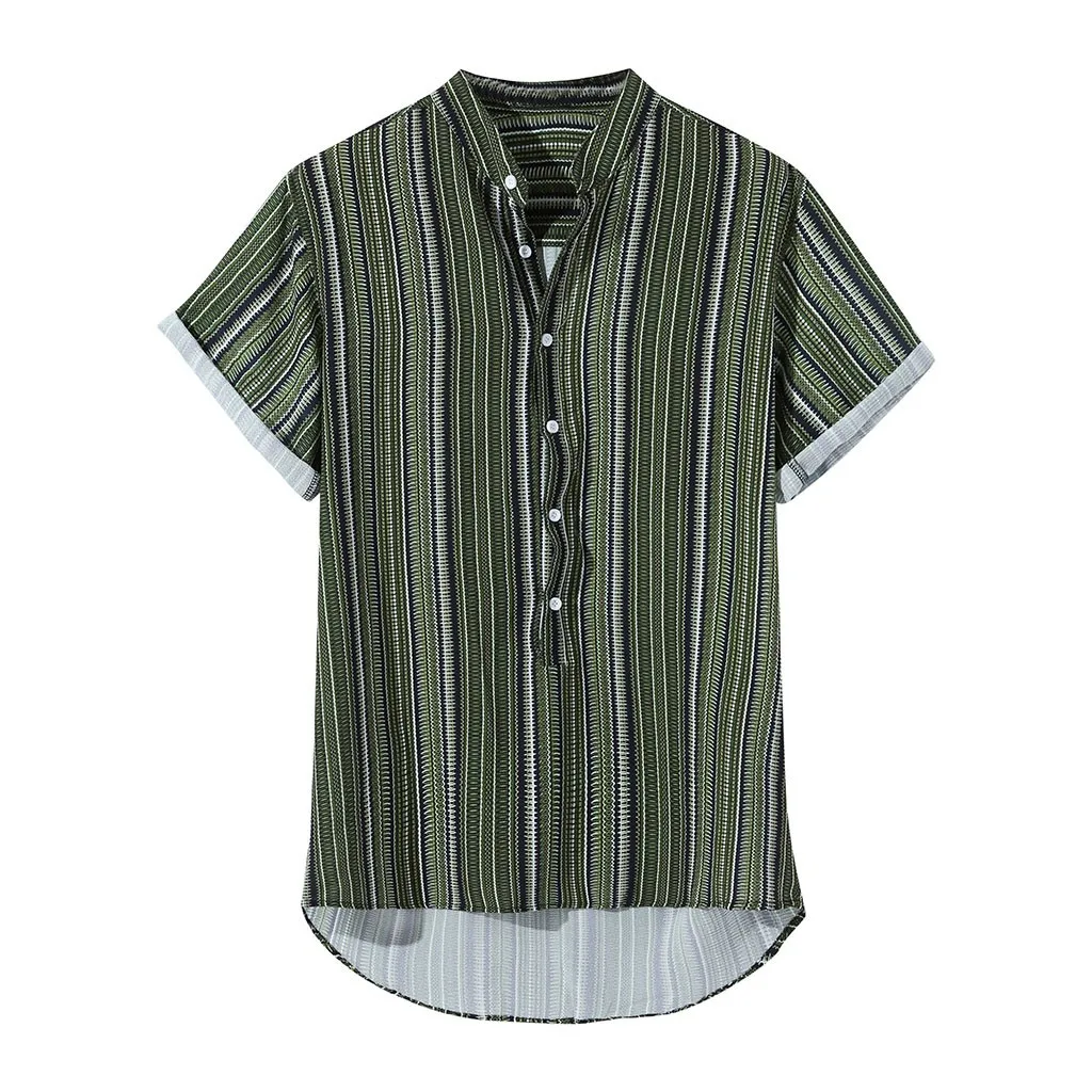 Womail 2019 القادمون الجدد أزياء فريد نمط رجل الصيف مخطط أزرار يطير تنفس قصيرة الأكمام عارضة هينلي قمصان