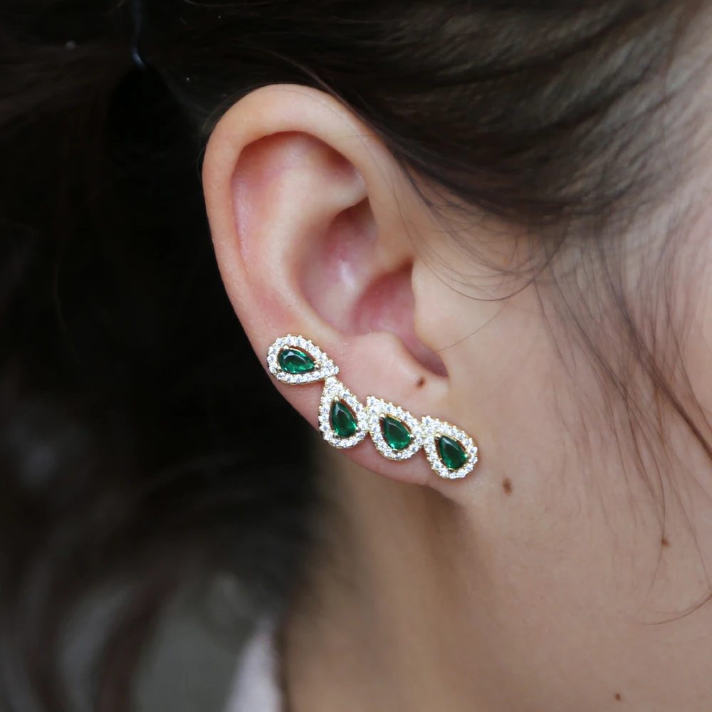 bling AAA zirconia sparking factory promotion long ear climber cz studs gold color geen teardrop women fashion earring | Украшения и