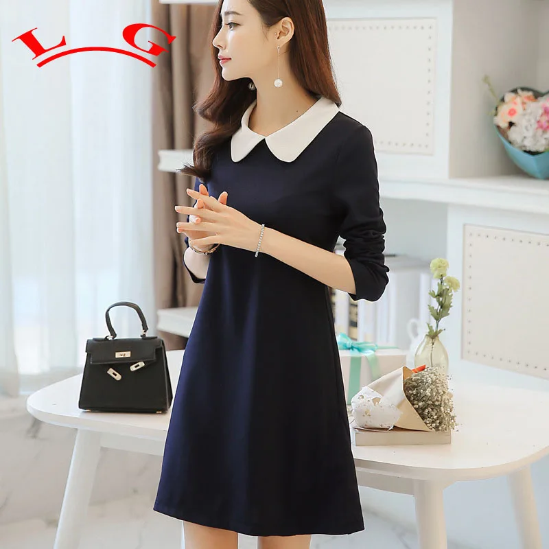 Navy blue dress with white collar women dress with white collar ladies
