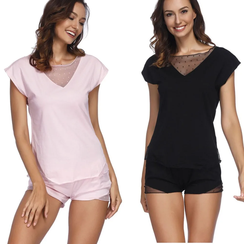 

2019 Womens Modal Sleepwear Sexy Lace Mesh Pajamas Set Fashion Nightwear Short Sleeve Short Set Women pajamas pijama mujer