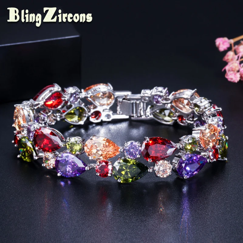 

BeaQueen Gorgeous Big Green Purple Red Teardrop Cubic Zirconia Stone Connected Wide Women Wedding Bracelets Bangles B028