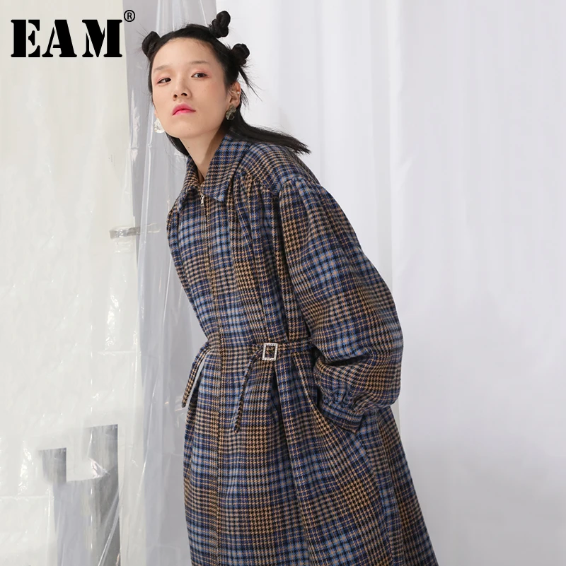 [EAM] 2019 New Spring Lapel Long Lantern Sleeve Plaid Nailed Pleated Large Size Woolen Coat Women Parkas Fashion JK670