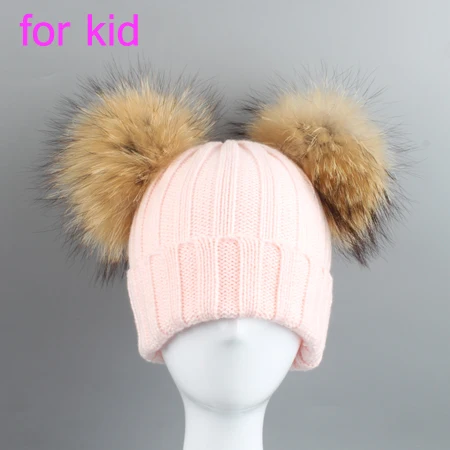 Зимние шапки для родителей и детей, шапка с помпоном из натурального меха енота, Детская Хлопковая вязаная шапка для мальчиков и девочек, Skullies Beanies - Цвет: kid   pink