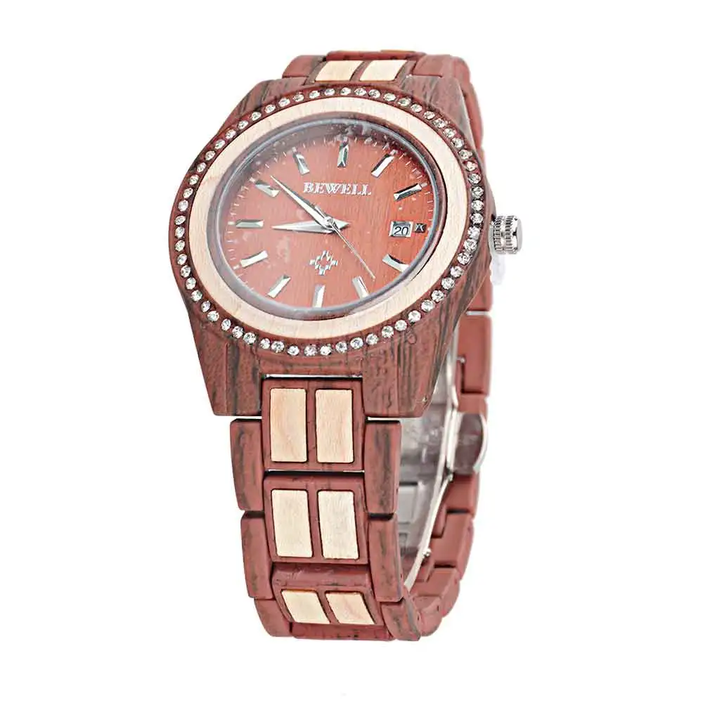 BEWELL, женские часы из сплава и дерева, роскошные круглые кварцевые наручные часы для женщин с календарем, автоматические наручные часы с датой, 1052A - Цвет: red