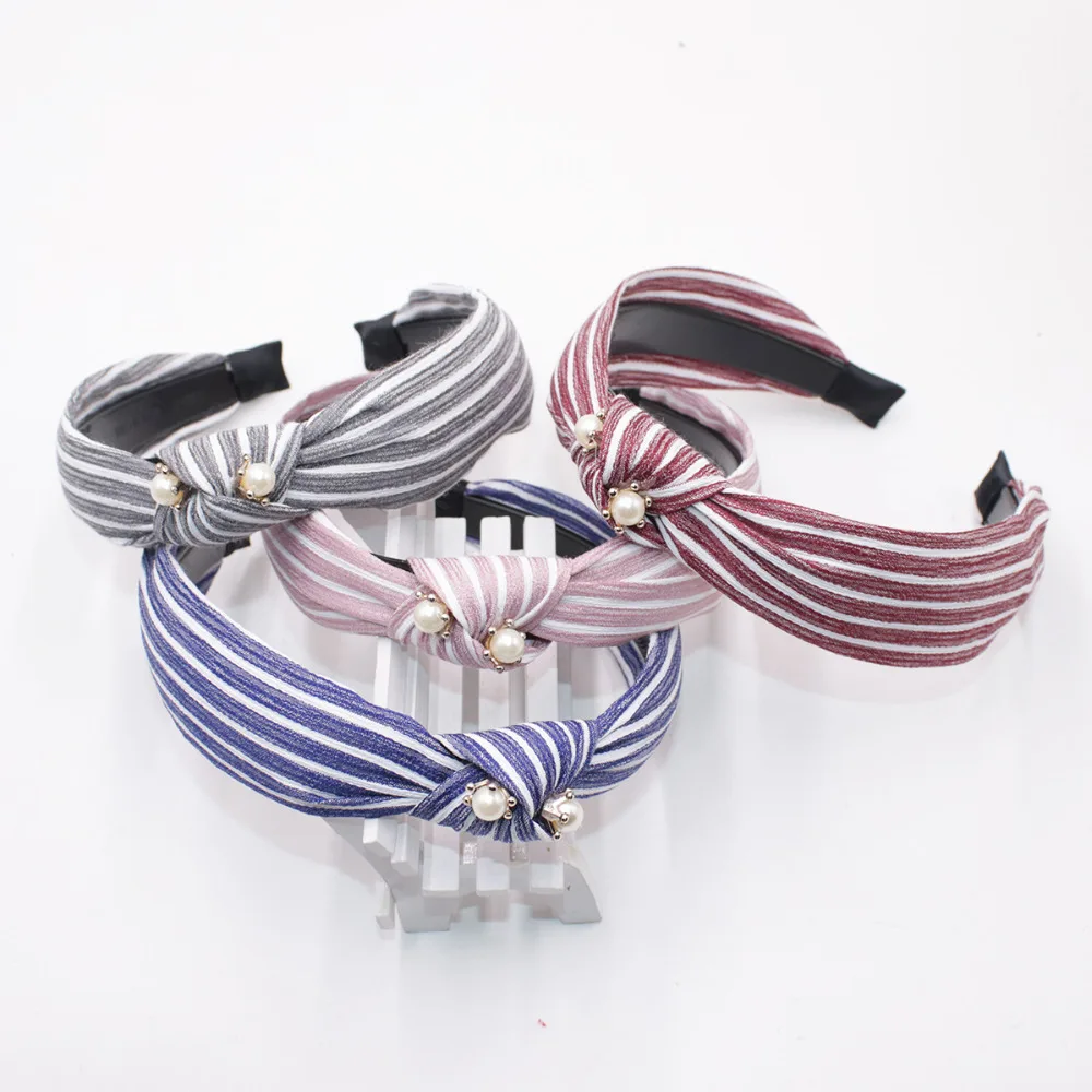 

4Colors Thin Chiffon Striped Girl Hairband Soft Material Hair Bow Pearl Headband Women Hair Accessories Bow Knot Elegant Bands