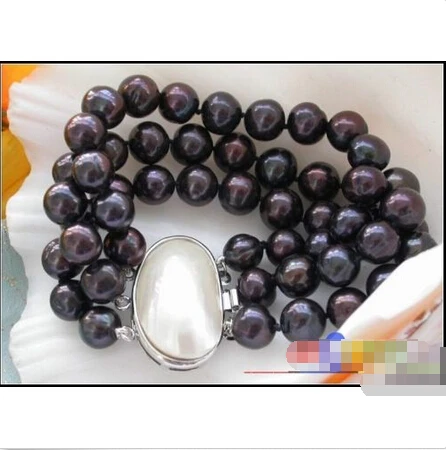 

Free shipping >>>>>>P2446 3row 8" 11MM black round FRESHWATER PEARL bracelet mabe