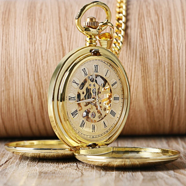 Fashion Golden Smooth Double Full Hunter Case Roman Number Skeleton Steampunk Ha Fashion Golden Smooth Double Full Hunter Case Roman Number Skeleton Steampunk Ha