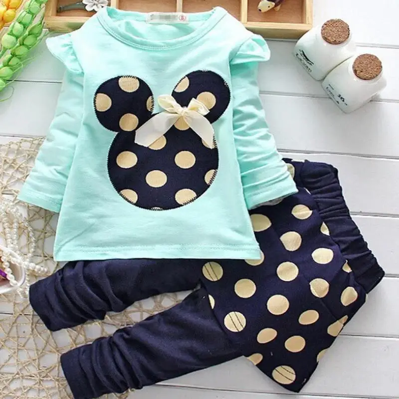 Комплект одежды с Минни Маус, одежда для маленьких девочек на весну и осень, футболка, топы, брюки в горошек, вечерние