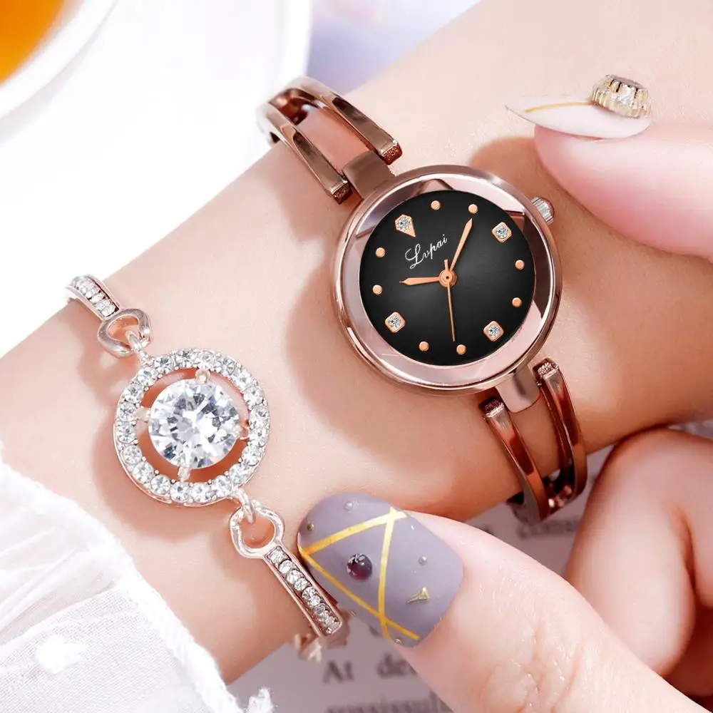 

Lvpai Luxury Brand Watches Women Waterproof Rhinestone Quartz Watch Scale Multi Cutting Surface Mirror Bracelet Watch 2Pcs Set