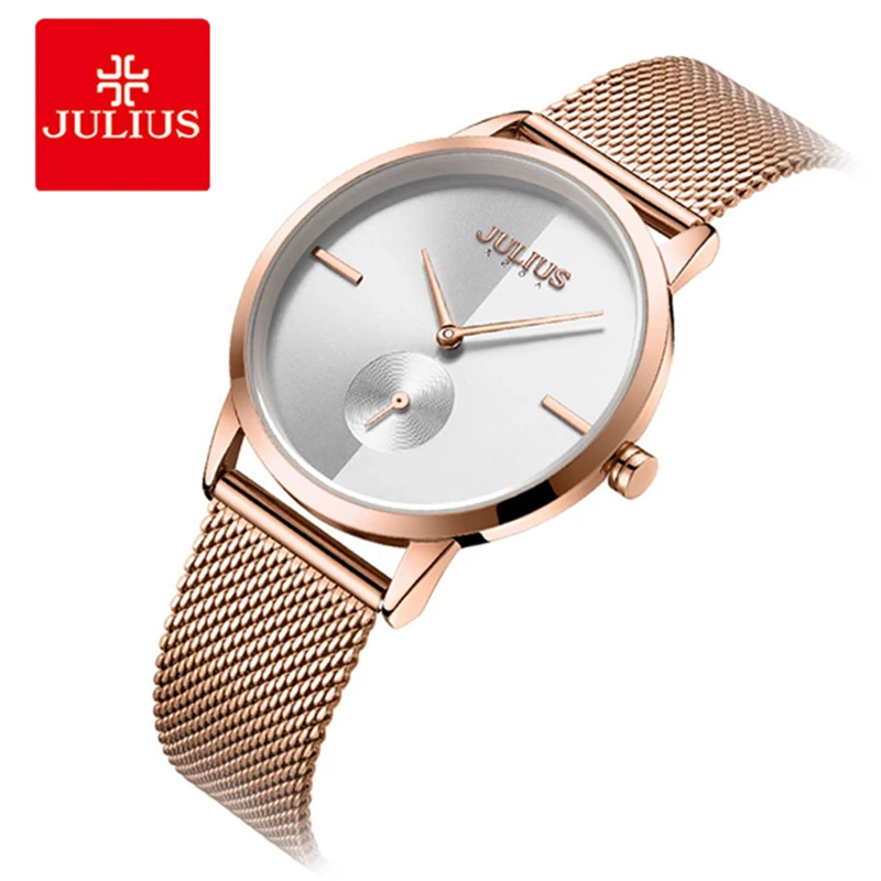 Kopen Julius Vrouwen Horloges Mode Uur Rose Goud Stalen Band Dames Armband Horloge Kleine Seconden Quartz Business Horloge Montre Femme