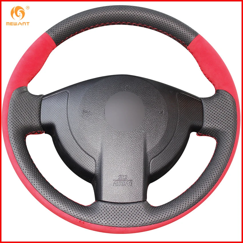 MEWANT Black Genuine Leather Red Suede Car Steering Wheel Cover for