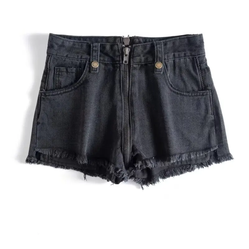 Vintage front back zipper black denim shorts women Casual pocket hair ...