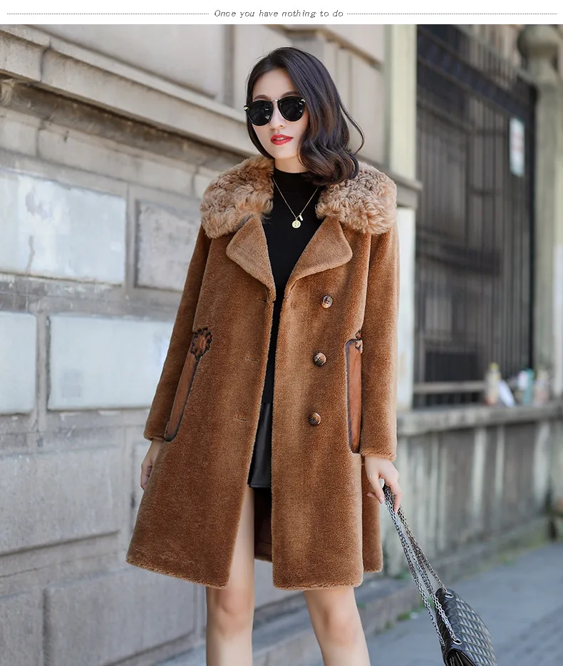 Sheep Shearling Fur Winter Jacket Women Clothes Wool Jacket Lamb Fur Collar Korean Elegant Suede Lining Long Coat ZT642