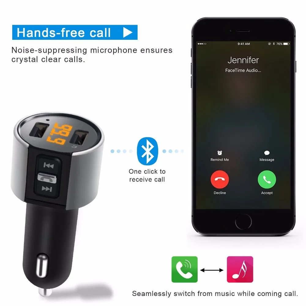 FM Transmitter Bluetooth Car Kit Handsfree Auto Transmitter Wireless A2DP Music Car MP3 Player 5V 3.4A Support USB Flash Driver