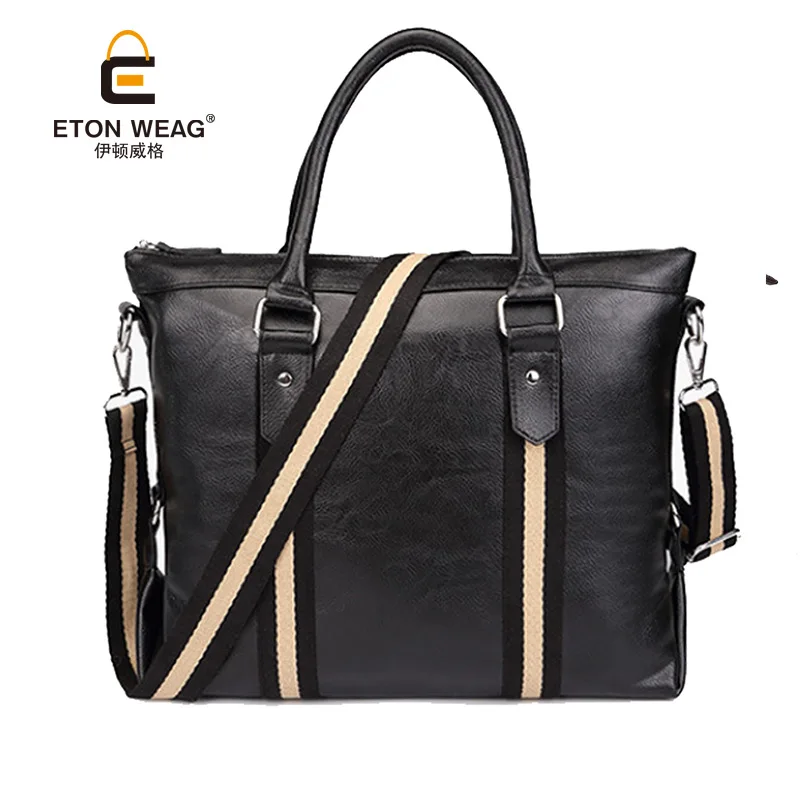 ETONWEAG Brands Italian Leather Briefcases Men Messenger Bags Black