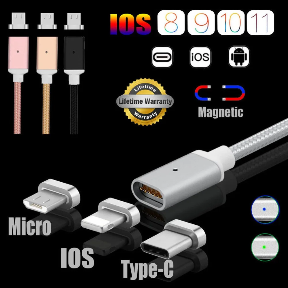 

1M 2M 2.4A USB Type C/IOS/Android Micro USB Magnetic Cable USB-C Fast Charger Charging For iPhone X 8 7 Samsung S8 S7 S6 Note 8