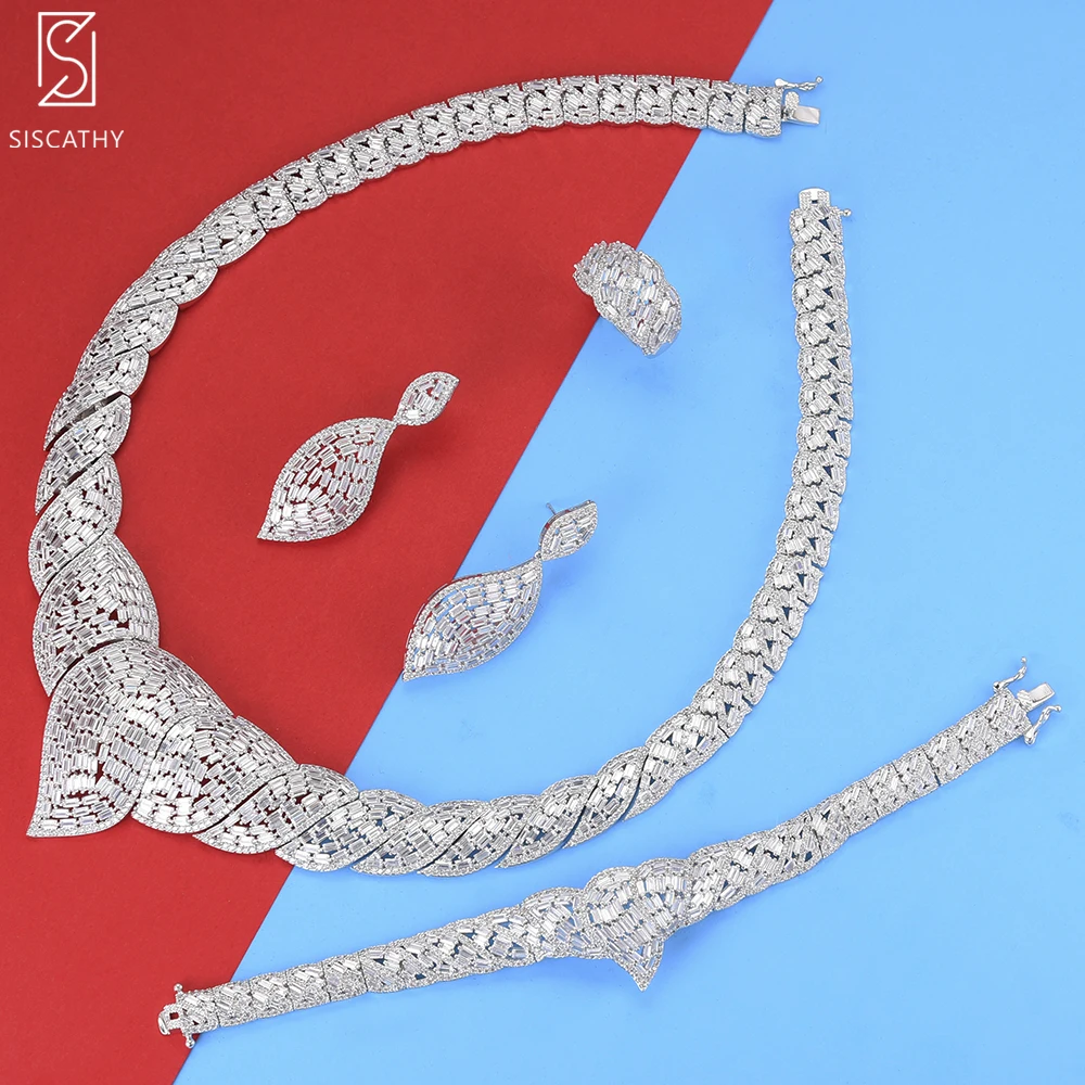 

4PCS Luxury Nigerian Women Jewelry Hollow Collar Necklace Dangle Earrings Necklace Bangle Resizable Ring Wedding Jewelry Sets