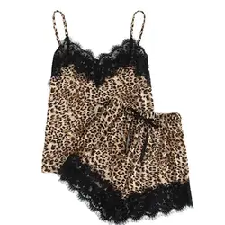 Пикантные милое кружевное с леопардовым принтом пижамы Мода Поддерживающая повязка для нижнего белья и шорты пляжный комбинезон Женская