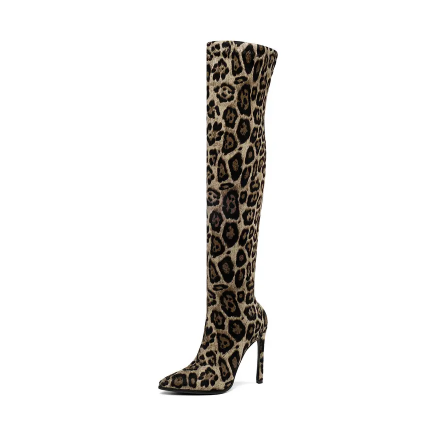 QUTAA г. Зимние женские сапоги выше колена обувь без застежки на высоком каблуке из эластичной ткани женские высокие сапоги с острым носком размеры 34-43 - Цвет: Leopard-apricot