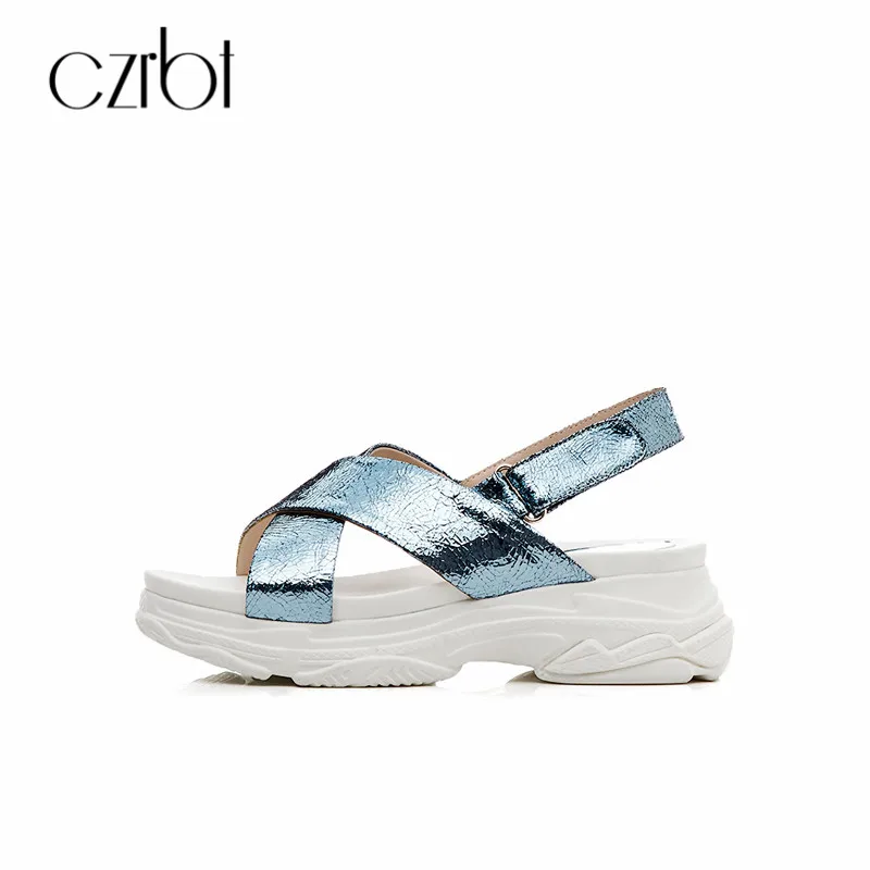 

CZRBT 2018 Women Sandals Genuine Leather Ladies Flat Shoes Hook Loop Thick Bottom Sandals Open Toe Casual Shoes Female Sandalias