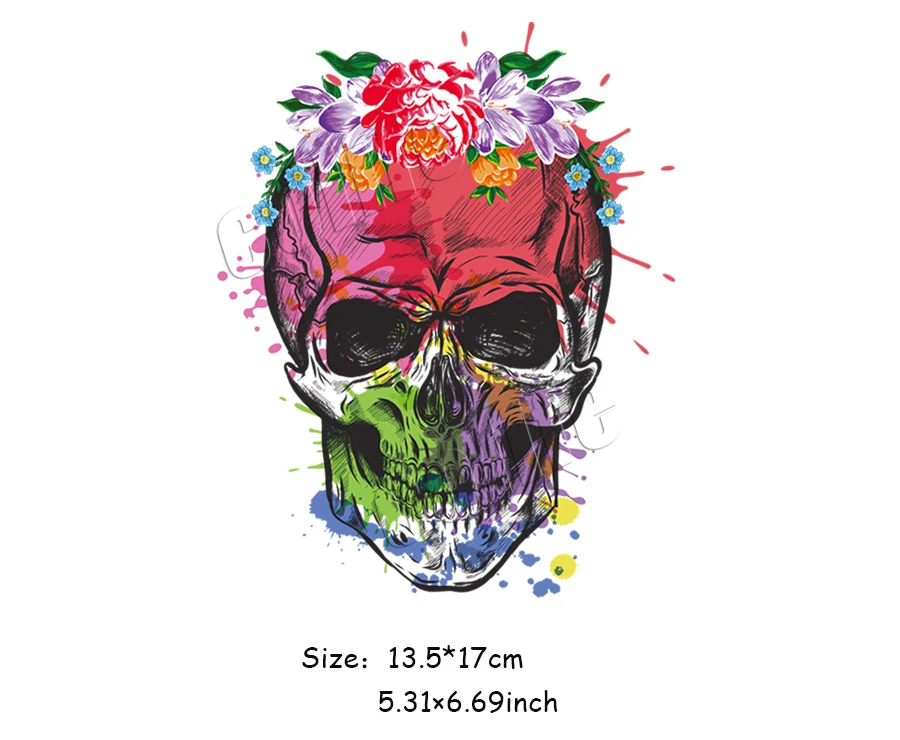 DZ266-Goth Skull Patches Iron-on Transfers for Clothing Heat Press Stickers Patch Household Decoration Appliqued Curtain 13.5x17cm_01