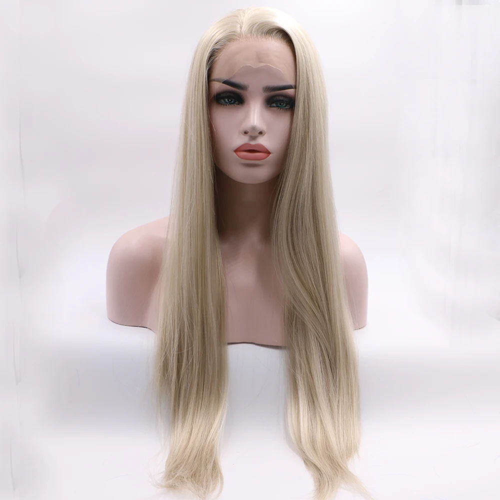 Фэнтези красоты Длинные прямые светлые парики для женщин смешанные цвета Кружева передние парики боковая часть синтетические термостойкие волокна