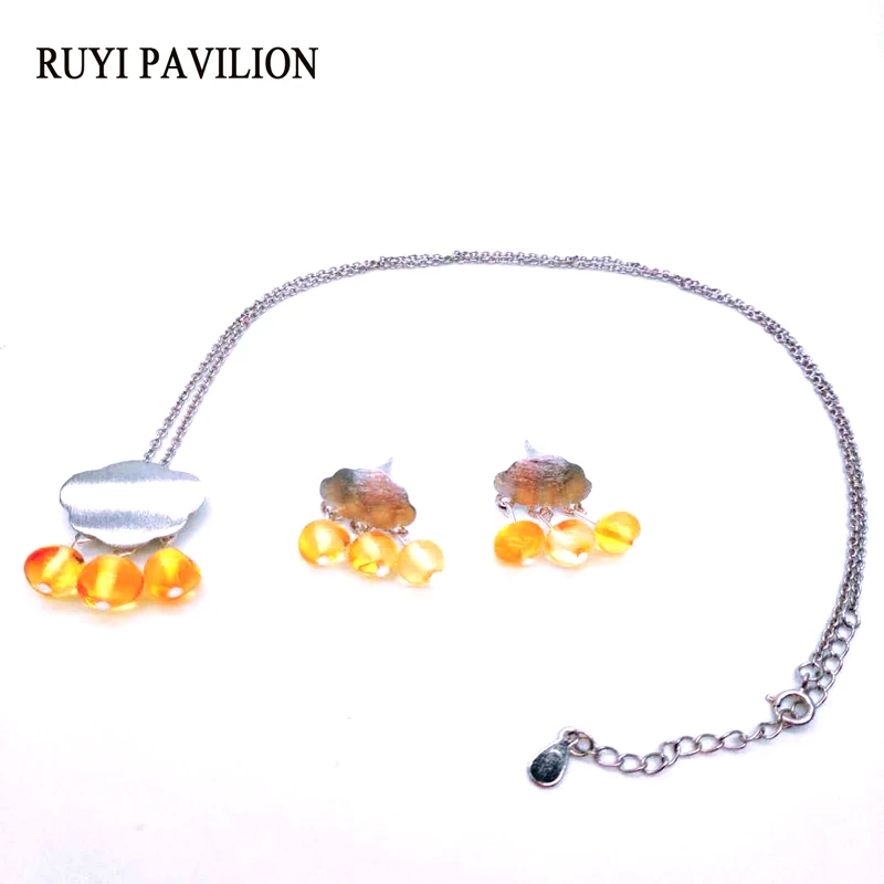 

RUYI PAVILION 925 Sterling Silver Creative Handmade Fine Jewelr Natural Batic Amber Jewelry Set